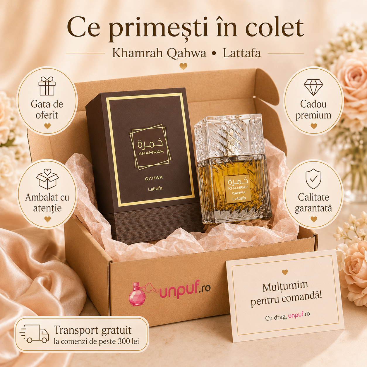 Ce primești &icirc;n colet Khamrah Qahwa Lattafa parfum unisex ambalat cu atenție cadou premium